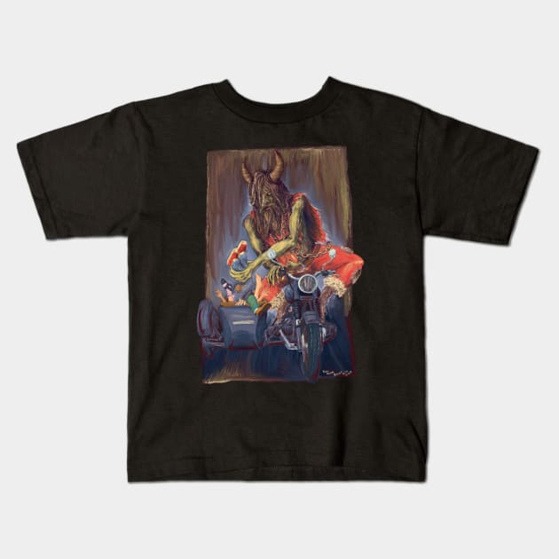 Biker Krampus Kids T-Shirt by FullTuckBoogie